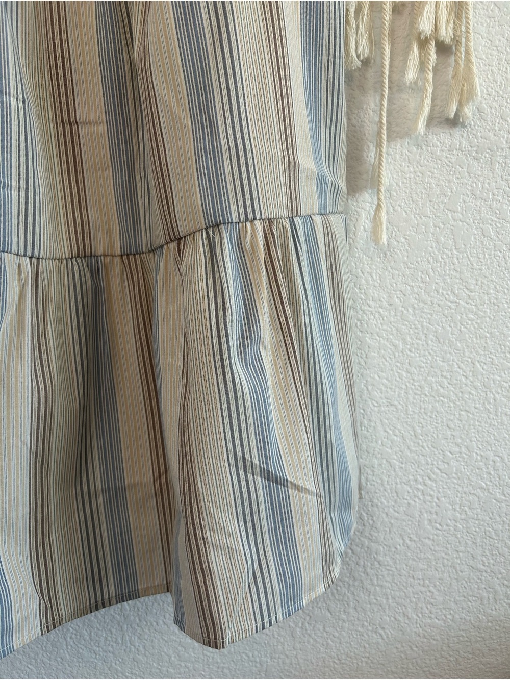 PERCH Striped Tiered Flutter Sleeve Mini Dress Blue & Taupe Flowy Babydoll Dress - Picture 13 of 16